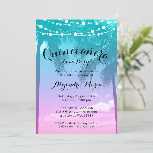 熱帯ルアウ（ハワイ式宴会）ティール（緑がかった色）ピンクキンセアニェラ招待状 招待状 (スタンド正面)