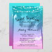 熱帯ルアウ（ハワイ式宴会）ティール（緑がかった色）ピンクスウィート16誕生日 招待状 (正面/裏面)