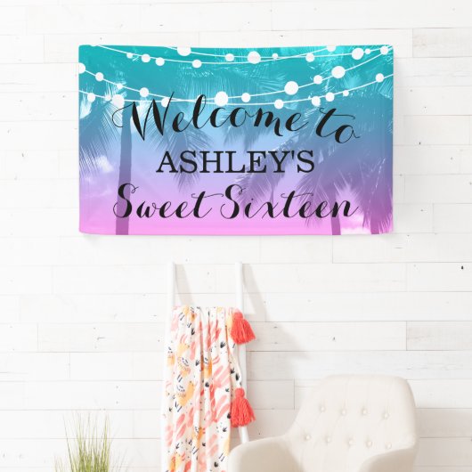 熱帯ルアウ(ハワイ式宴会)ティール(緑がかった色)ピンクスウィート16誕生日 横断幕 (インサイチュ)