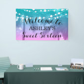 熱帯ルアウ（ハワイ式宴会）ティール（緑がかった色）ピンクスウィート16誕生日 横断幕 (トレードショー)