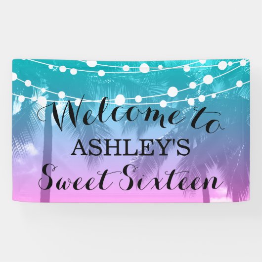 熱帯ルアウ(ハワイ式宴会)ティール(緑がかった色)ピンクスウィート16誕生日 横断幕 (横)