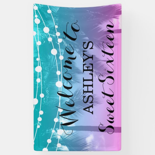 熱帯ルアウ（ハワイ式宴会）ティール（緑がかった色）ピンクスウィート16誕生日 横断幕 (縦)