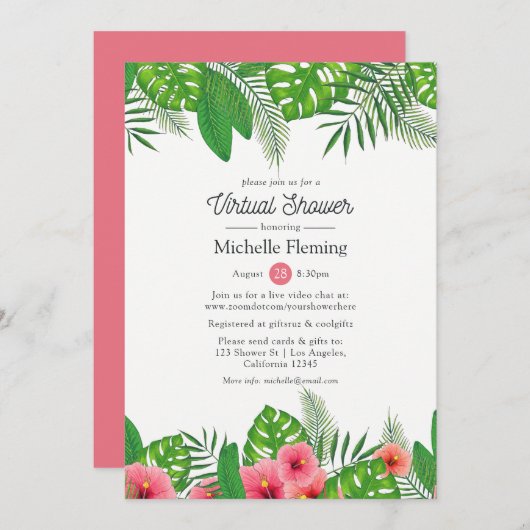 熱帯ルアウ（ハワイ式宴会）バーチャルブライダルまたはベビーシャワー 招待状 (正面/裏面)