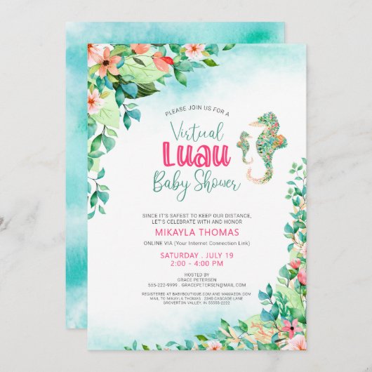 熱帯ルアウ（ハワイ式宴会）バーチャル赤ちゃんシャワーシーホース 招待状 (正面/裏面)