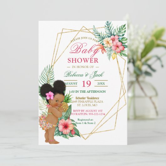 熱帯ルアウ（ハワイ式宴会）パイナップルガールベビーシャワー 招待状 (スタンド正面)