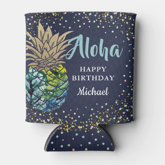 熱帯ルアウ（ハワイ式宴会）パイナップルネイビーブルービーチパーティー 缶クーラー (正面)