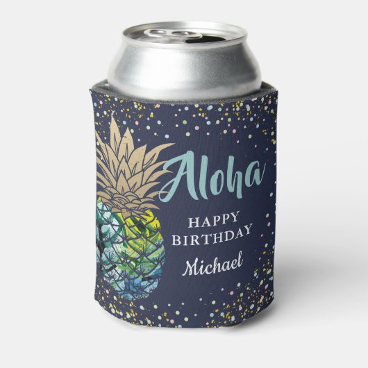 熱帯ルアウ（ハワイ式宴会）パイナップルネイビーブルービーチパーティー 缶クーラー (缶裏面)