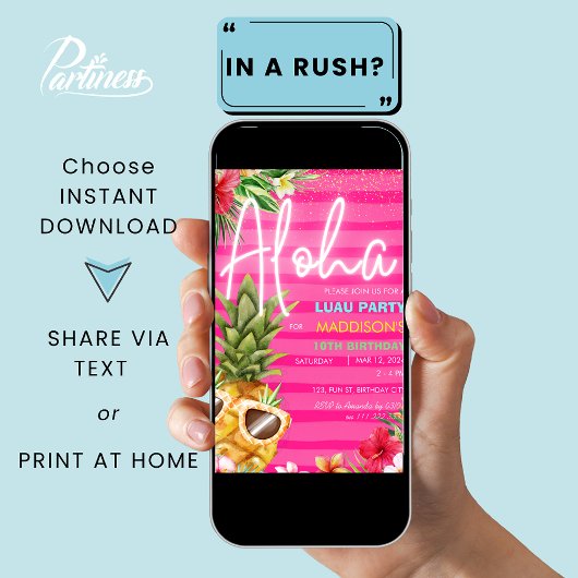 熱帯ルアウ（ハワイ式宴会）パイナップルビーチピンクガール誕生日 招待状