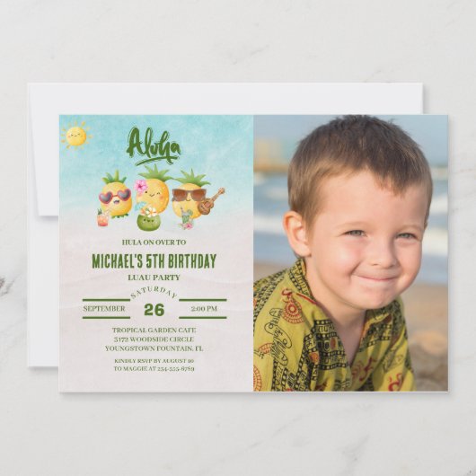熱帯ルアウ（ハワイ式宴会）パイナップルビーチ誕生日 招待状 (正面)