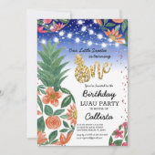 熱帯ルアウ(ハワイ式宴会)パイナップルライトグリッター1st Birthday 招待状 (正面)