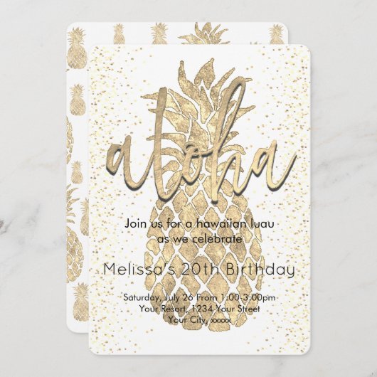 熱帯ルアウ（ハワイ式宴会）パーティーゴールデンパイナップル 招待状 (正面/裏面)