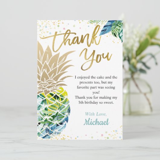 熱帯ルアウ(ハワイ式宴会)パーティーパイナップルビーチ誕生日 サンキューカード (スタンド正面)