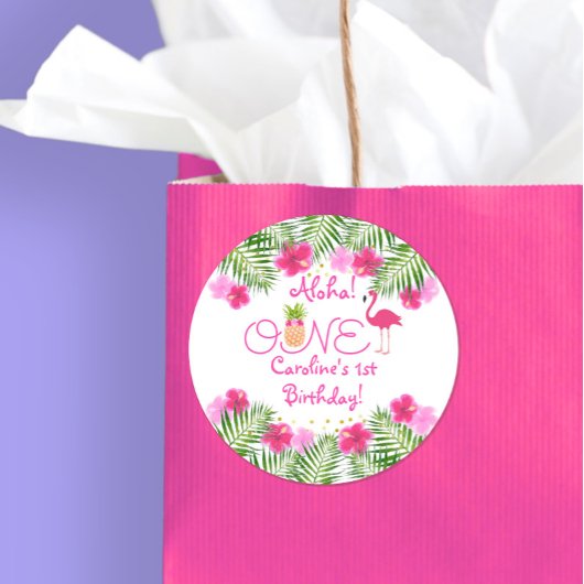 熱帯ルアウ(ハワイ式宴会)フラミンゴパイナップルファースト誕生日 ラウンドシール