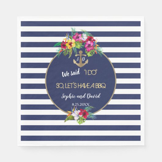 熱帯ルアウ(ハワイ式宴会)フローラネイビストライプーI DO BBQ スタンダードランチョンナプキン (正面)