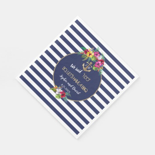 熱帯ルアウ（ハワイ式宴会）フローラネイビストライプーI DO BBQ スタンダードランチョンナプキン (角)