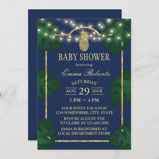 熱帯ルアウ（ハワイ式宴会）ベビーシャワーパイナップル海軍&金ゴールド 招待状 (正面/裏面)