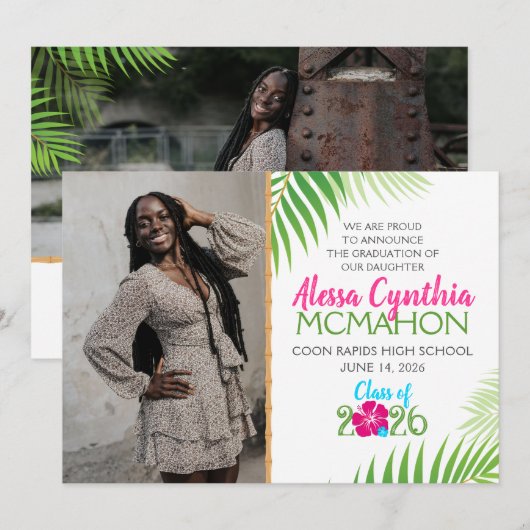 熱帯ルアウ（ハワイ式宴会）卒業2写真のお知らせ 招待状 (正面/裏面)