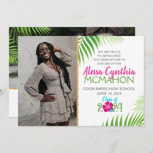 熱帯ルアウ(ハワイ式宴会)卒業2写真のお知らせ 招待状 (正面/裏面)