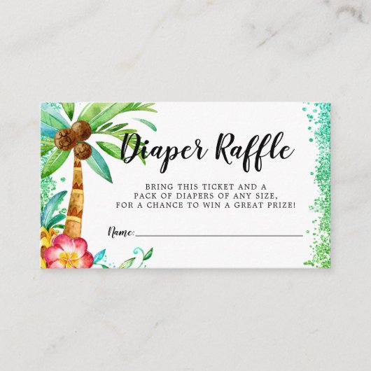 熱帯ルアウ（ハワイ式宴会）水彩グリッターおむつラッフル エンクロージャーカード (正面)