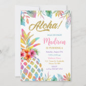 熱帯ルアウ（ハワイ式宴会）水彩パイナップル誕生日 招待状 (正面)