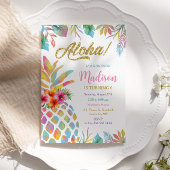 熱帯ルアウ（ハワイ式宴会）水彩パイナップル誕生日 招待状