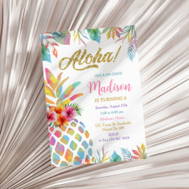 熱帯ルアウ（ハワイ式宴会）水彩パイナップル誕生日 招待状