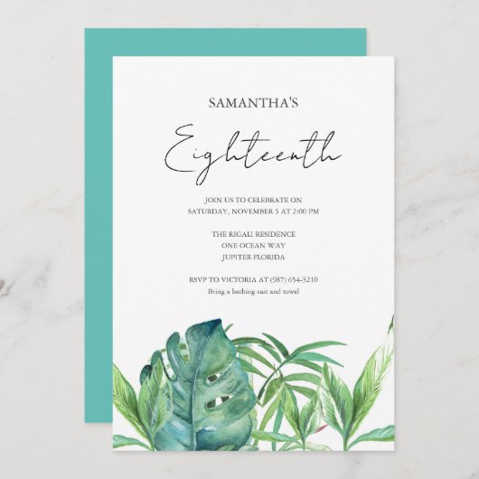 熱帯ルアウ（ハワイ式宴会）18誕生日水彩 招待状 (正面/裏面)
