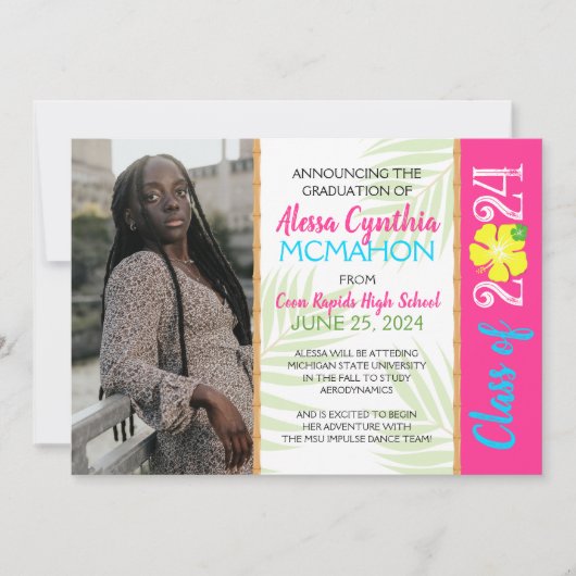 熱帯ルアウ(ハワイ式宴会)3写真卒業のお知らせ 招待状 (正面)