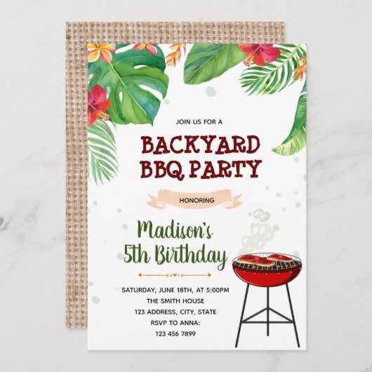 熱帯ルアウ(ハワイ式宴会)bbqテーマ 招待状 (正面/裏面)