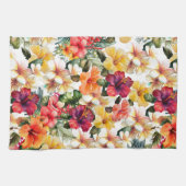 熱帯レッドホワイトイエローハイビスカスフローラ キッチンタオル (横)