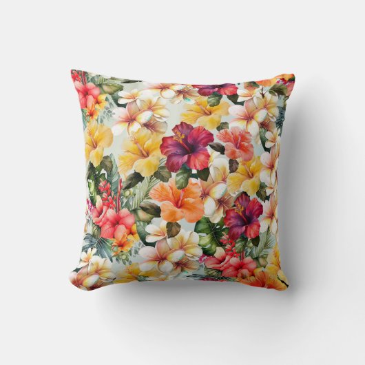 熱帯レッドホワイトイエローハイビスカスフローラ クッション (正面)