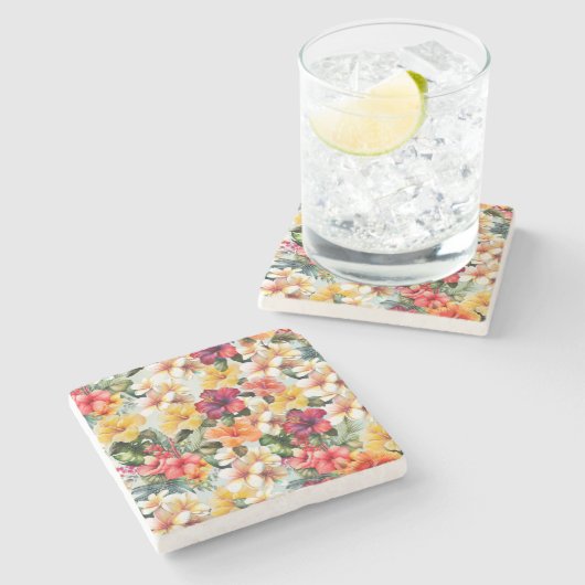 熱帯レッドホワイトイエローハイビスカスフローラ ストーンコースター (横)