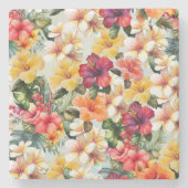 熱帯レッドホワイトイエローハイビスカスフローラ ストーンコースター (正面)