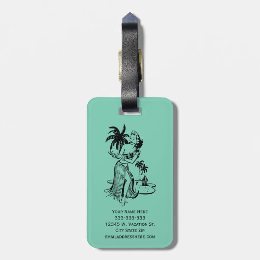 熱帯レトロのハワイのフラ女の子のやし一突き色 ラゲッジタグ (裏面縦)