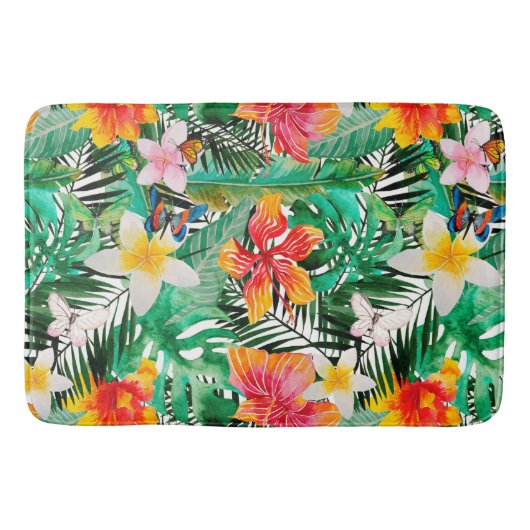 熱帯ヴィンテージのエキゾチックなジャングルの花の花 バスマット (正面)
