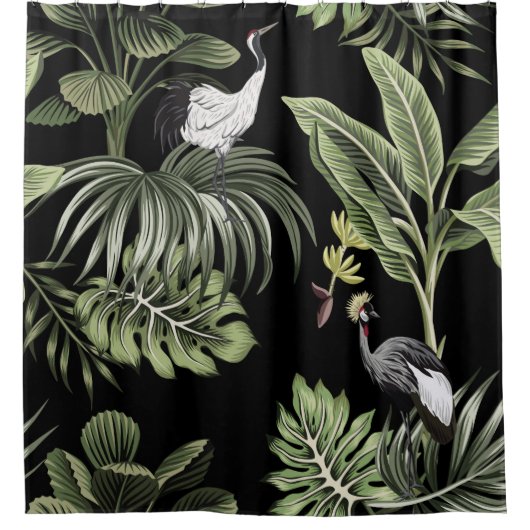 熱帯ヴィンテージの夜型クレーンの鳥、ヤシの木、バン シャワーカーテン (正面)