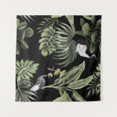 熱帯ヴィンテージの夜型クレーンの鳥、ヤシの木、バン タペストリー (正面(横))