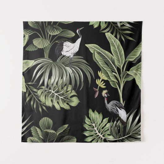 熱帯ヴィンテージの夜型クレーンの鳥、ヤシの木、バン タペストリー (正面)