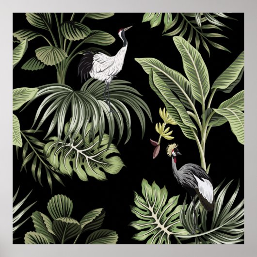 熱帯ヴィンテージの夜型クレーンの鳥、ヤシの木、バン ポスター (正面)