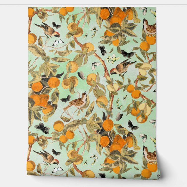 熱帯ヴィンテージの鳥のフルーツガーデンチノワズリー 壁紙 (ほどく)