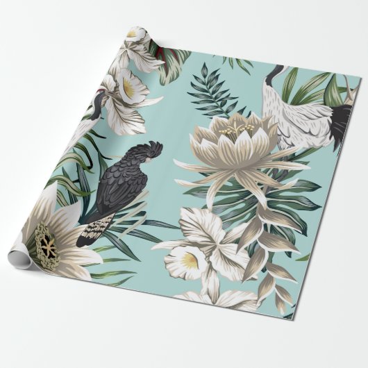 熱帯ヴィンテージクレーンバード、オウム、蓮の花 ラッピングペーパー (アンロールド)