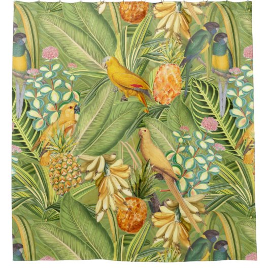 熱帯ヴィンテージバードインジャングルパラダイスイエロー シャワーカーテン (正面)
