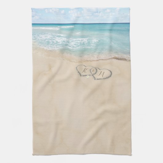 熱帯ヴィンテージビーチハートイニシャル キッチンタオル (縦)