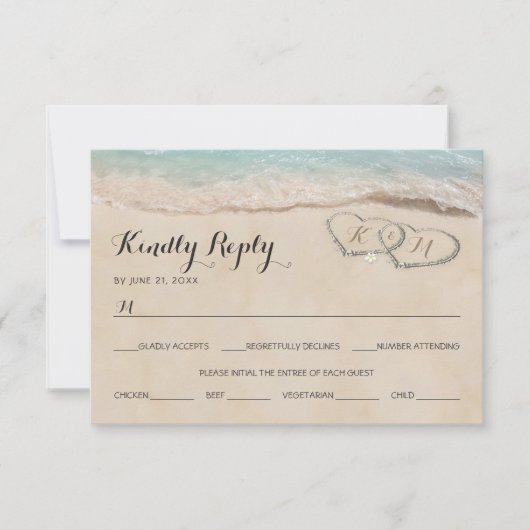 熱帯ヴィンテージビーチ結婚ハートのメニューRSVP 出欠カード (正面)