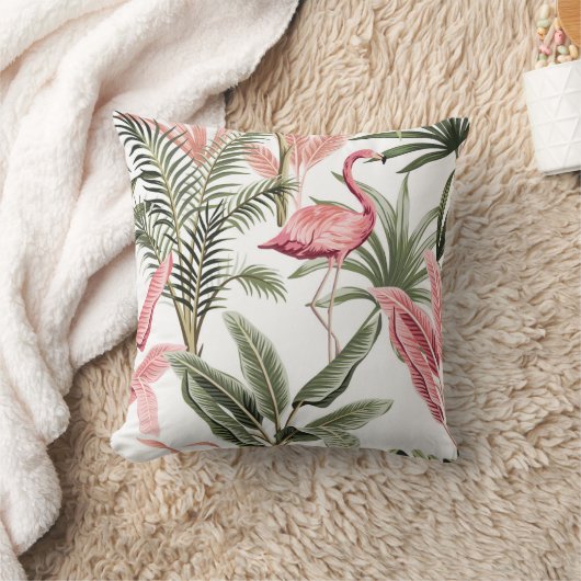 熱帯ヴィンテージピンクのフラミンゴ、バナナの木と クッション (ブランケット)