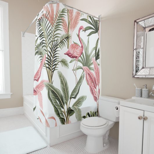 熱帯ヴィンテージピンクのフラミンゴ、バナナの木と シャワーカーテン (インサイチュ)