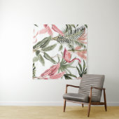 熱帯ヴィンテージピンクのフラミンゴ、バナナの木と  タペストリー (インサイチュ(横))