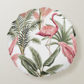 熱帯ヴィンテージピンクのフラミンゴ、バナナの木と  ラウンドクッション (裏面)