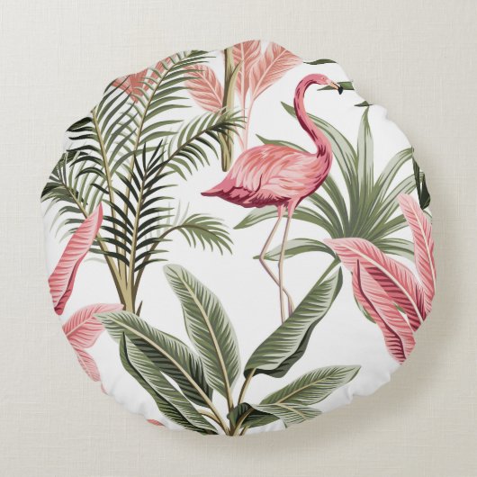 熱帯ヴィンテージピンクのフラミンゴ、バナナの木と ラウンドクッション (裏面)