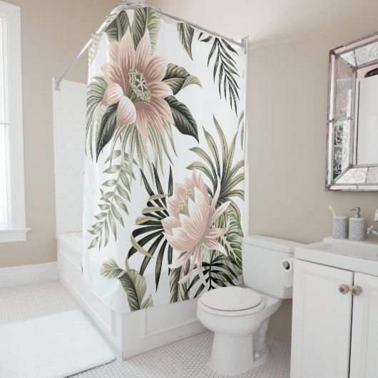 熱帯ヴィンテージピンクロータス、パーム葉バナナ シャワーカーテン (インサイチュ)